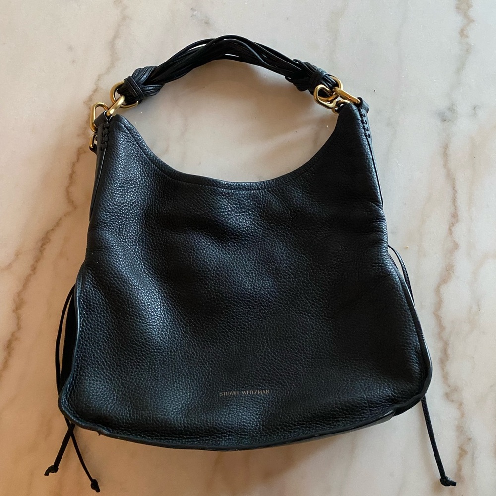 Stuart Weitzman Black Leather Hobo Bag with Gold Hardware